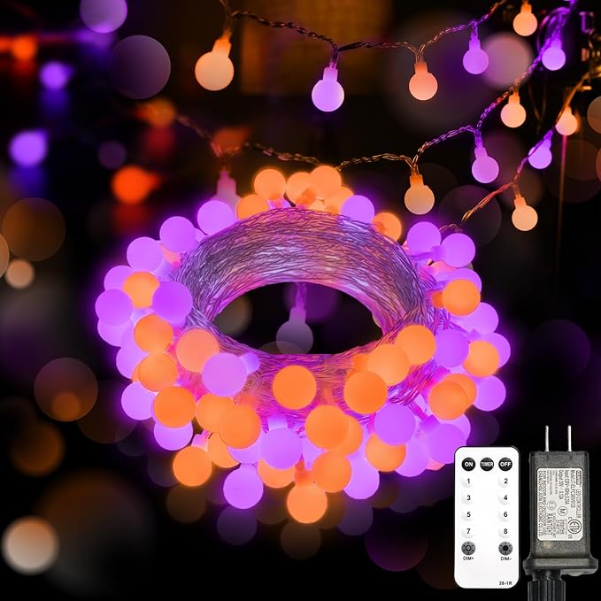 suddus 43ft Connectable Globe String Lights Plug in Remote Purple Orange | 100 Led Hanging Fairy Lights With Timer 8 Mode,String Lights for Bedroom for bedroom,Halloween Indoor ,Outdoor Decor