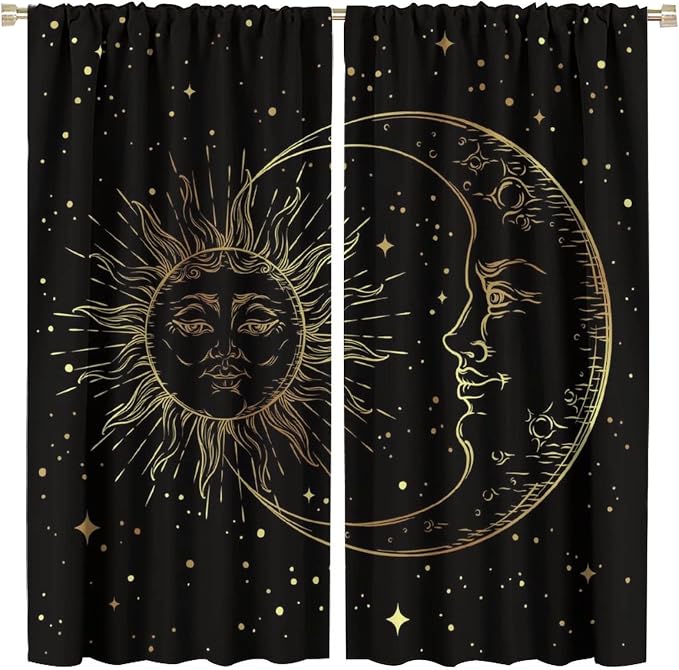 Gold Sun and Moon Blackout Windows Curtains, Fantasy Mandala Bohemian Universe Galaxy Printed Curtains, for Living Room Bedroom 42x45in 2 Panels