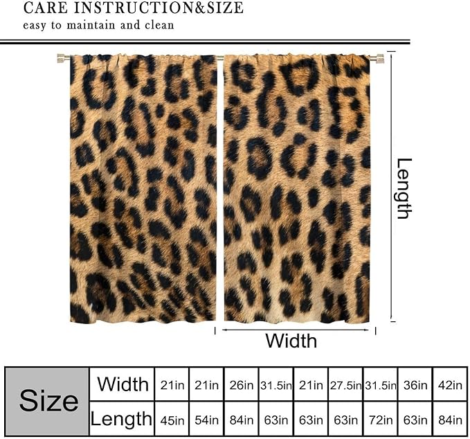 Leopard Print Blackout Curtains, Retro Wild Animal Skin Black Brown Fur Leopard Print Rod Pocket Curtain Window Treatments 2 Panels Drapes for Dining Room Office Kitchen Bedroom Decor 72"W X 63"L