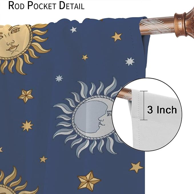 Vintage Sun Moon Bohemian Blackout Window Curtains, Retro Boho Style Print Rod Pocket Window Drapes, for Living Room Bedroom 72x63in 2 Panels