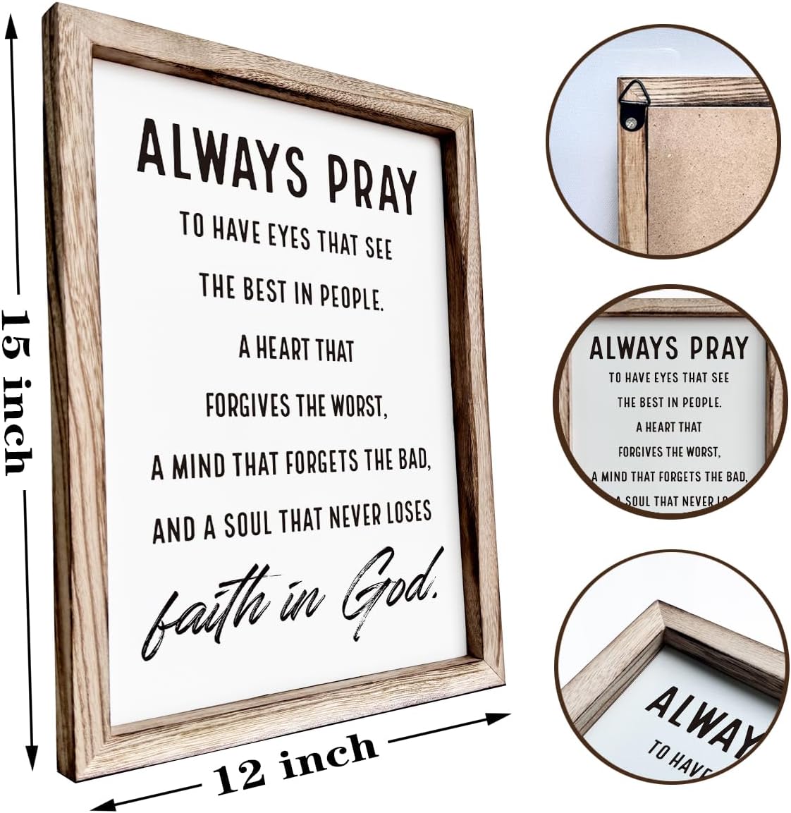Christian Wall Signs, Inspirational Wood Sign, Farmhouse Home Decor, Bedroom Decoration, Church Room Decor Art, Framed Wall Plaque Sign 15 * 11.5 inches, Always Pray to Have Eyes