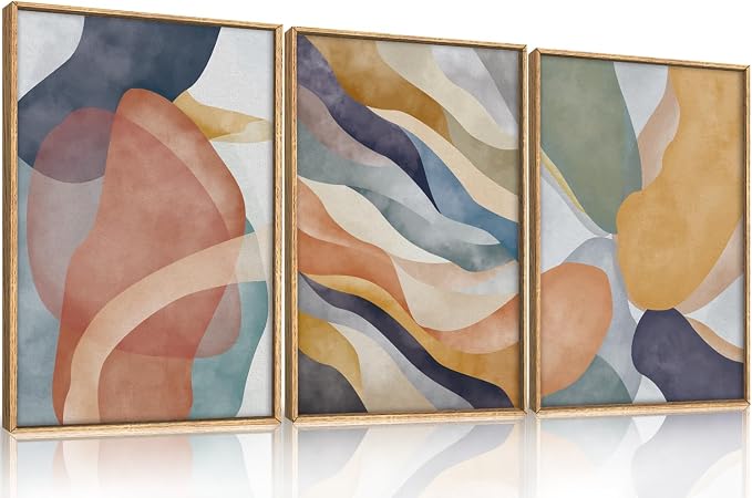 LHIUEM Large Abstract Neutral Framed Canvas Wall Art Set,Colorful Watercolor Block Wall Decor,Boho Geometric Illustrations Artwork for Living Room,Bedroom,Dining Room,Office - 24"x36"x3
