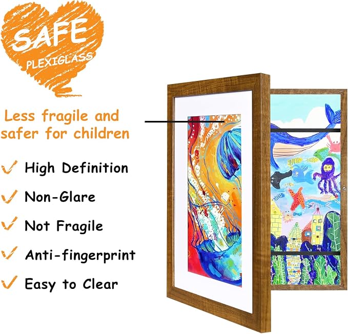 KINLINK 9x12 Kids Art Frame 2 Pack, Solid Wood Artwork Frames Changeable, Front Opening Hold 150 Pictures, Art Frames for Kids Artwork, 8.5x11 with Mat 9x12 without Mat, Picture Frames Teak