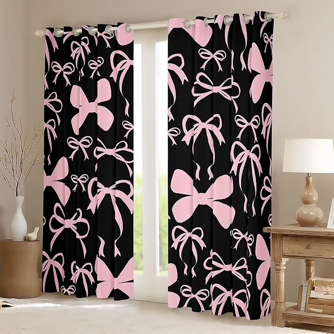 Feelyou Room Darkening Bow Curtains (2 Panels, 42 x 90 Inch) - Black Pink Girls Blackout Curtains for Bedroom Living Room - Cute Kawaii Bowknot Window Treatments