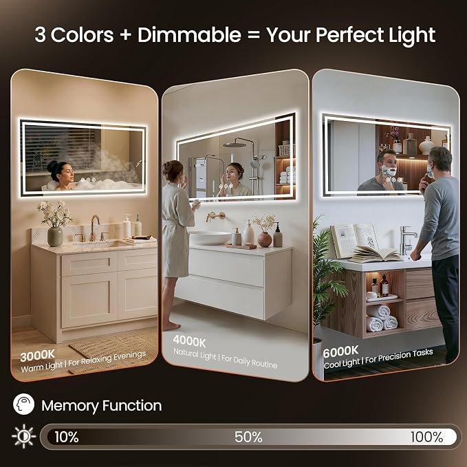 48X24 LED Bathroom Mirror with Lights, Anti-Fog, Backlit + Front Lit (CRI>90), Lighted Bathroom Vanity Mirror for Wall, Memory Function, Dimmable, Tempered Glass, Shatter-Proof