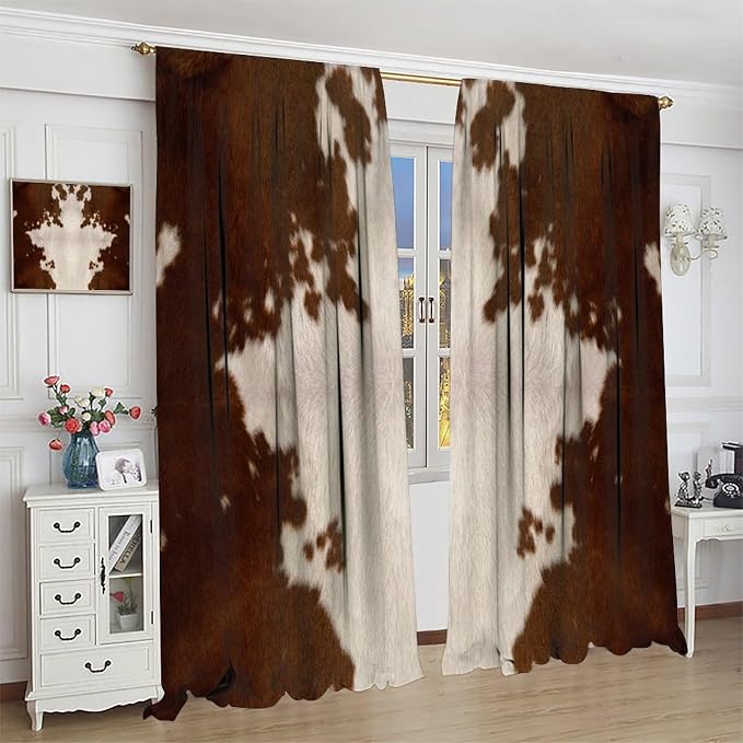 Cow Print Blackout Curtain, Animal Fur Brown Cowhide Western Farm Style Window Treatments Rod Pocket Curtain for Bedroom Living Room Kitchen Decor Drapes 52x84in