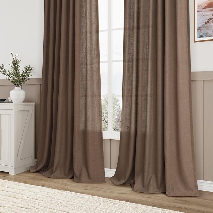 Aersas 102 Inches Caramel Brown Linen Curtains for Living Room Bedroom Semi Sheer Privacy Large Drapes Light Filtering Sliding Glass Door Curtain Farmhouse Rustic Decorations 52x102 Caramel Brown