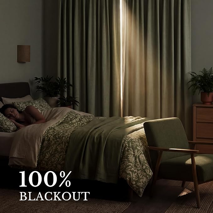 NICETOWN Farmhouse Linen Textured 100% Blackout Curtains 2 Panels, Hook Belt/Back Tab/Pocket Thermal Insulated Room Darkening Window Treatments for Bedroom, Sage Green, 52" W x 90" L