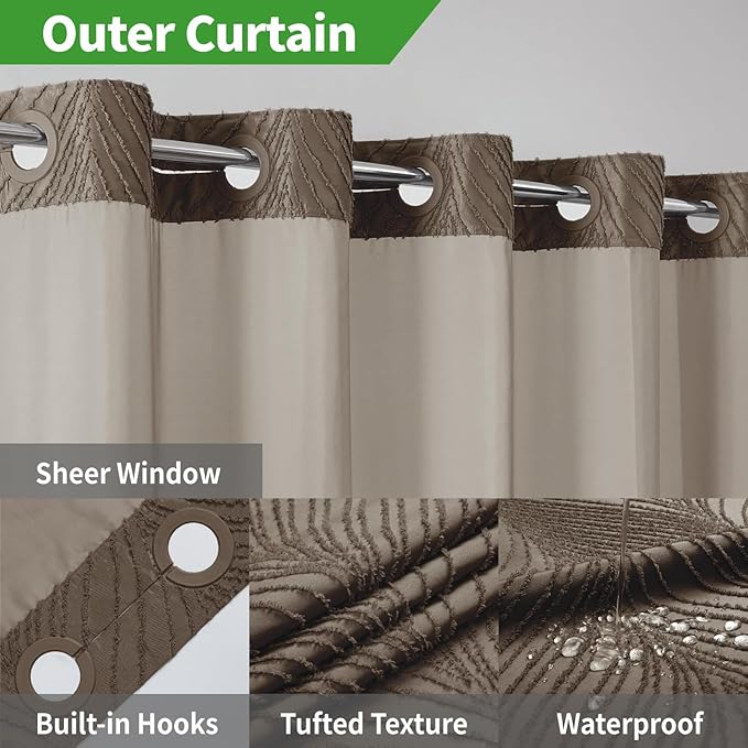 eachope no Hook Shower Curtain and Liner Set，Boho Style with See Through Top Window, Brown Fabric Tufted Striped Textured Outer Curtain & Waterproof Inner Liner, Brown, 71Wx86H