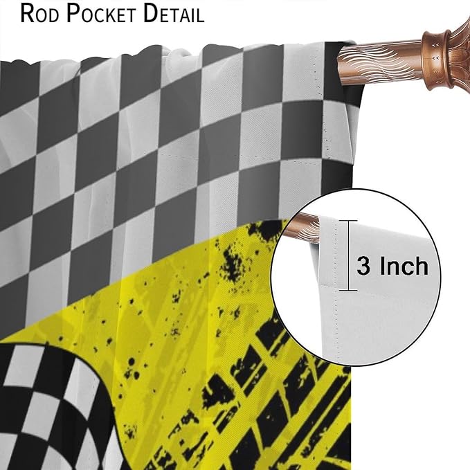 Race Car Window Curtains,Kids Teens Boys Checkered Flag Game Theme White Black Yellow Window for Dining Room Office Living Room Kitchen Bedroom Cafe Drapes, 63x63 in