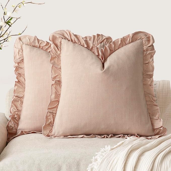 Foindtower Set of 2 Decorative Linen Fringe Ruffle Throw Pillow Covers Soft Boho Farmhouse Cushion Cover Cozy Accent Retro Pillowcase for Couch Sofa Bed Living Room Home Decor,18×18 Inch,Light Pink
