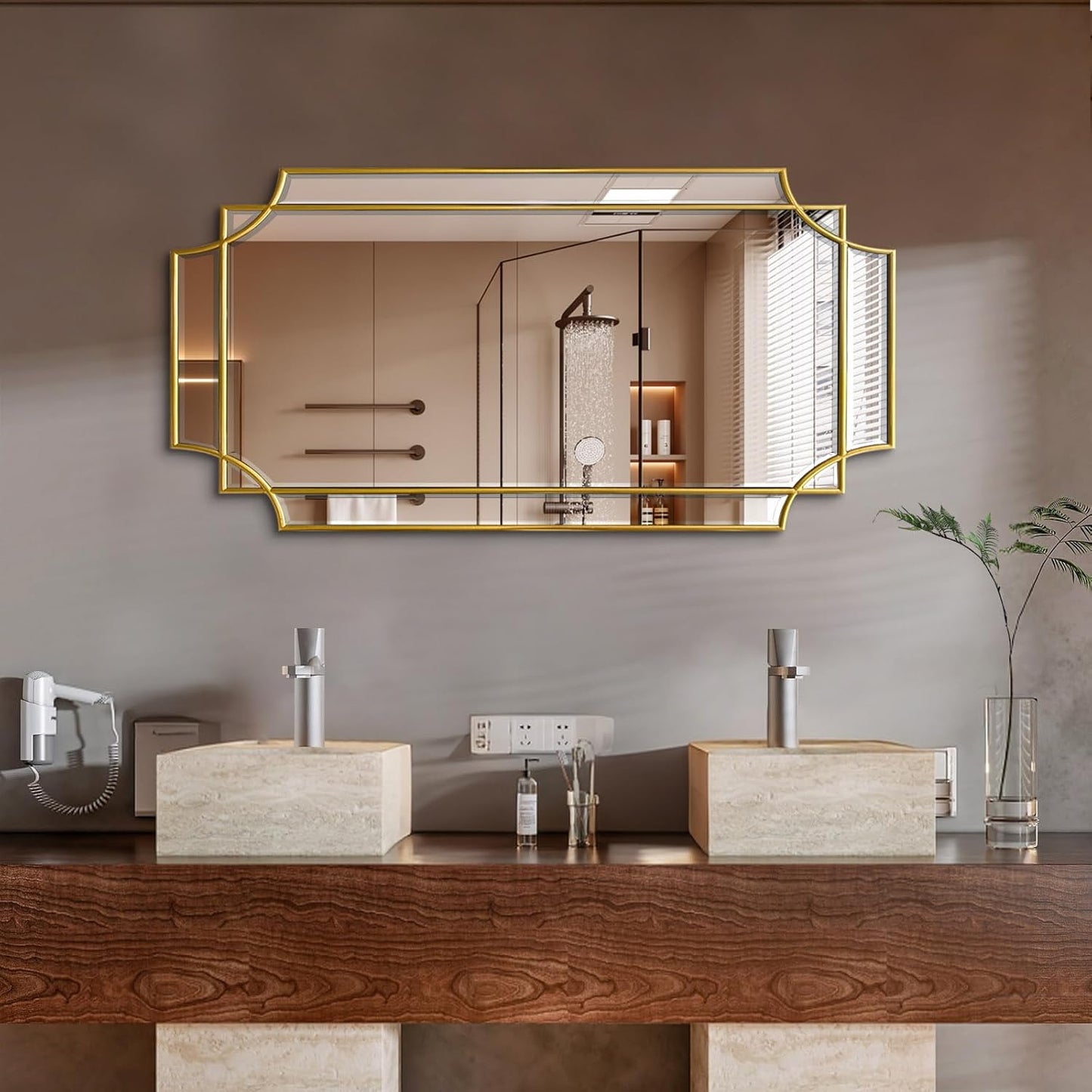 Wall Mirror Full Length, 47" x 24" Gold Framed Full Body Mirror, Scalloped Beveled Polished Decorative Mirrors, Large Rectangle Irregular Wall Mirror for Bathroom/Bedroom/Living Room/Entryway