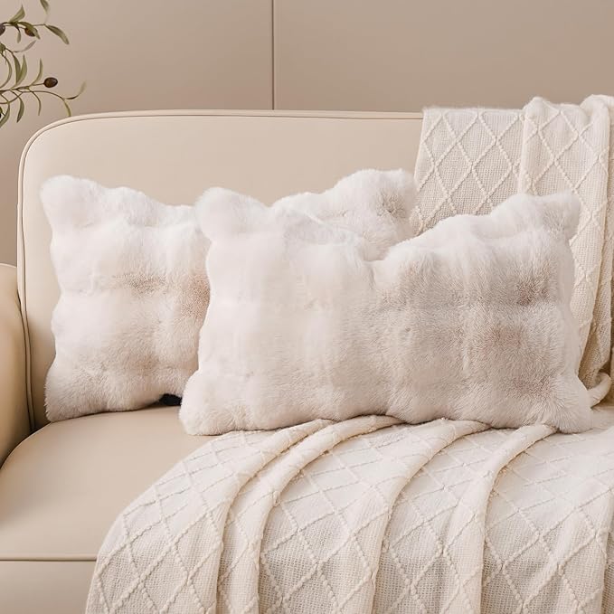 SOMAHE White Lumbar Throw Pillows for Couch Set of 2 Faux Fur Sofa Pillow Cover Soft Plush Decorative Pillowcase for Living Room Pillow Covers Cream White 12x20 Inch