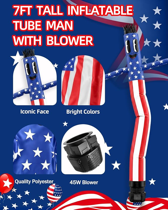 7 FT Inflatable Tube Man with Blower: Patriotic Inflatable Dancing Man for July 4th Yard Decor, Store Grand Opening, Indoor & Outdoor Holiday Party Celebrations (Red)