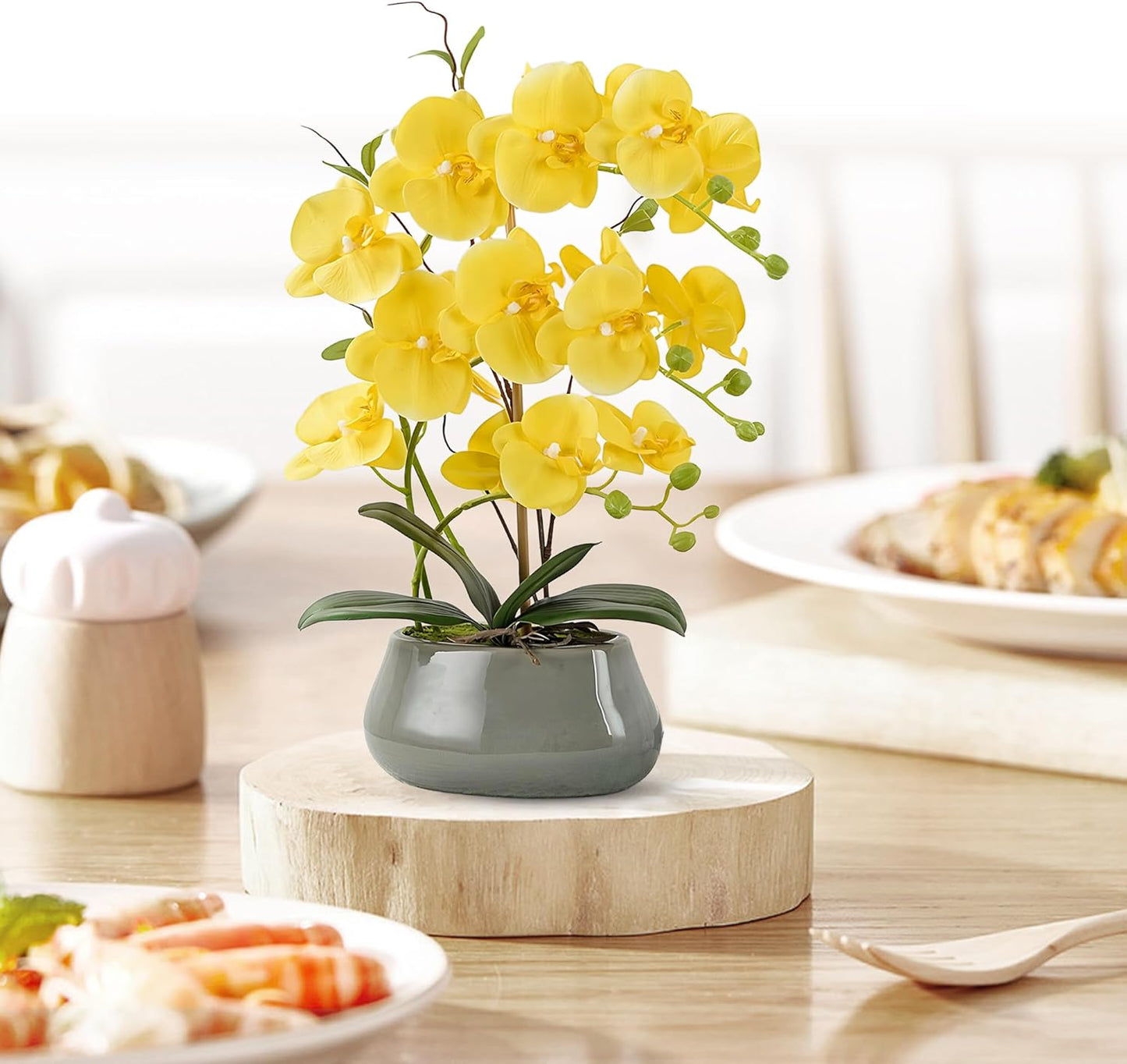 Orchid Artificial Flowers with Gray Vase Large Silk Faux Phalaenopsis Flowers for Dining Room Table Floral Centerpieces Indoor Decoration,Yellow