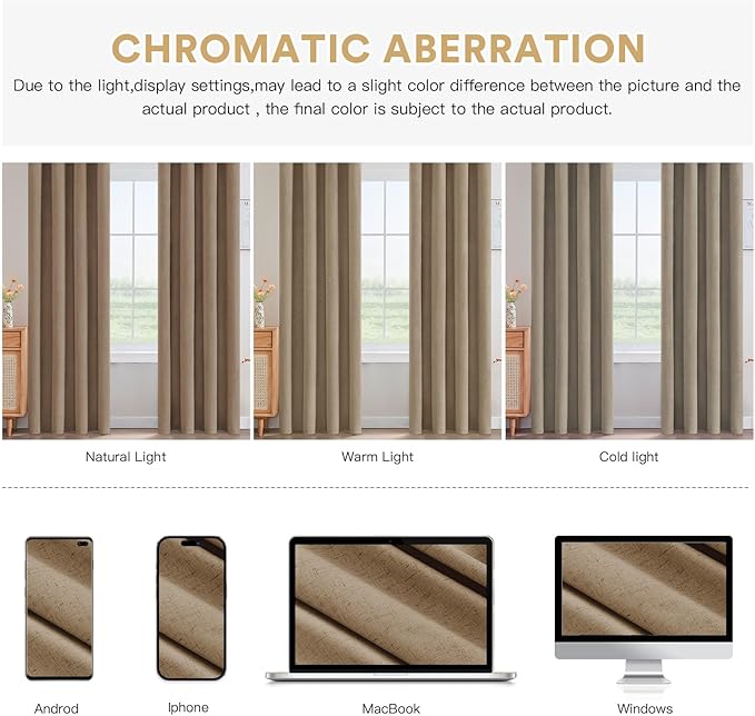 PrinceDeco Thick Linen Blackout Curtains Room Darkening Curtains 63 Inch Length Black Out Curtains for Bedroom Light Blocking Drapes with White Liner Grommet(2 Panels,Heathered Macchiato)