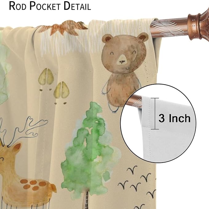 Rustic Animal Curtains, Wild Forest Animal Bear Fox Deer Kids Window Treatments for Living Room Bedroom, Farmhouse Woodland Blackout Drapes 2 Panel Sets, 63x63 Inch