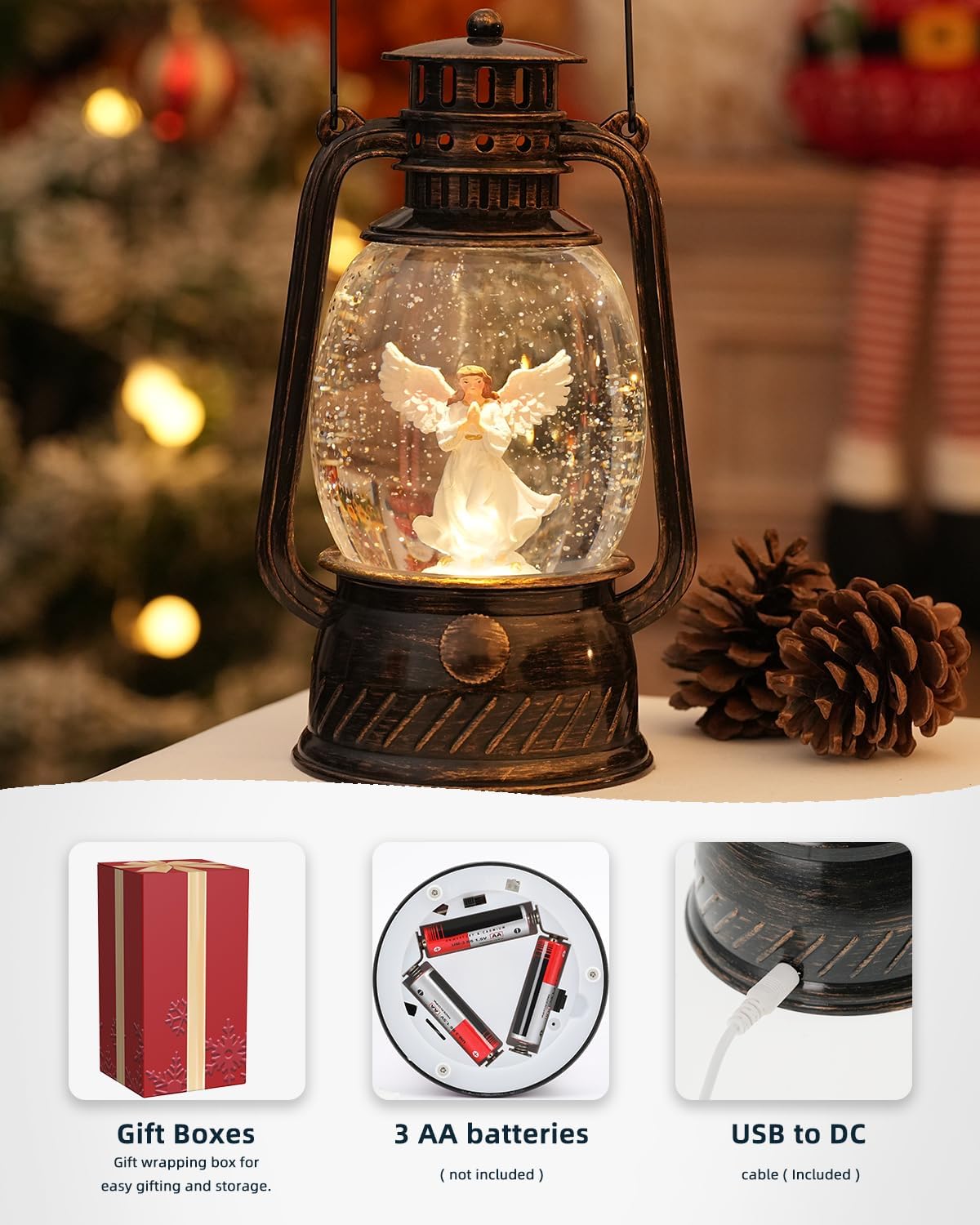 Christmas Decorations Indoor-Musical Snow Globe Christmas with 6H Timer,Angel Lighted Scene Snow Globes Lantern USB or Battery Powered,Christmas Decorations Decor for Home