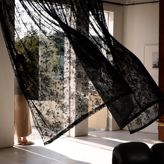 Treatmentex Black Floral Lace Curtains 63" Length for Bedroom, Exquisite 3D Floral Knitted Rose Sheer Window Drapes for Living Room, Studio. Modern Gothic Sheer Lace Curtains. 52" W 2Pack, Rod Pocket