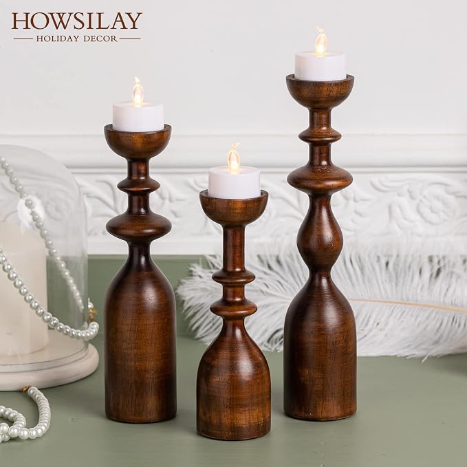 HOWSILAY Wood Candle Holders Set of 3, Fits Taper & Pillar Candles Brown | Solid Wood, 3 Assorted Heights, Farmhouse Table Centerpiece, Fits Taper LED Tea Pillar Candles, Non-Slip Base, Gift Box