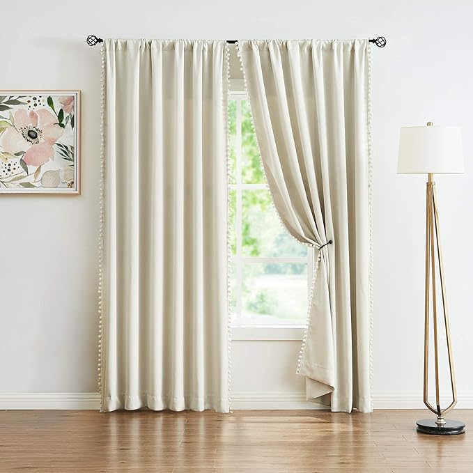 Treatmentex Pompom Window Curtains for Living Room Bedroom 95 inch Triple Weave Half Blackout Window Curtains for Hotel Guest Room Drapes 52" w x2 Panels Rod Pocket