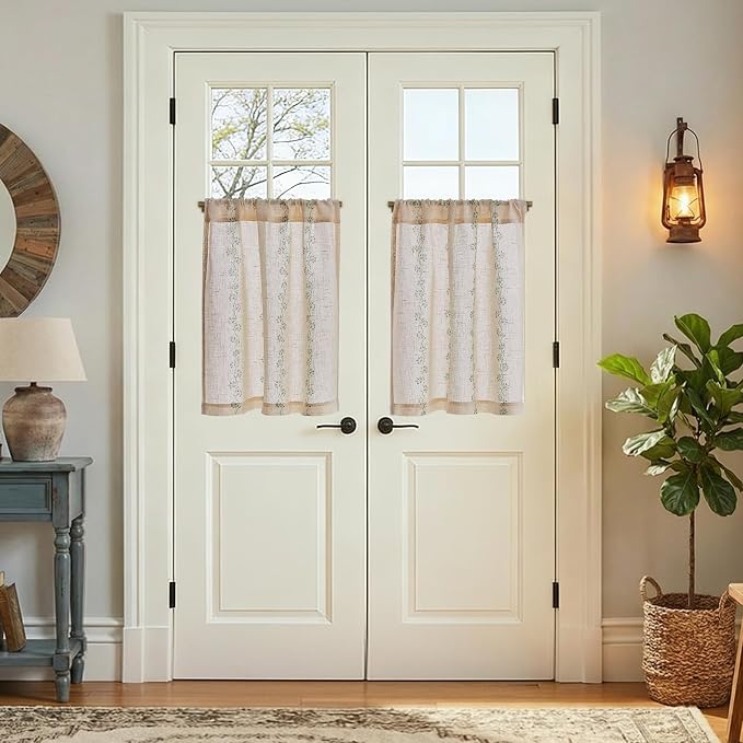 jinchan Katy Linen Floral Kitchen Curtains 24 Inches Length Stripe Cafe Curtains Farmhouse Cottagecore Tier Small Window Drapes for Living Room Light Filtering Rod Pocket 2 Panels Sage Green on Linen