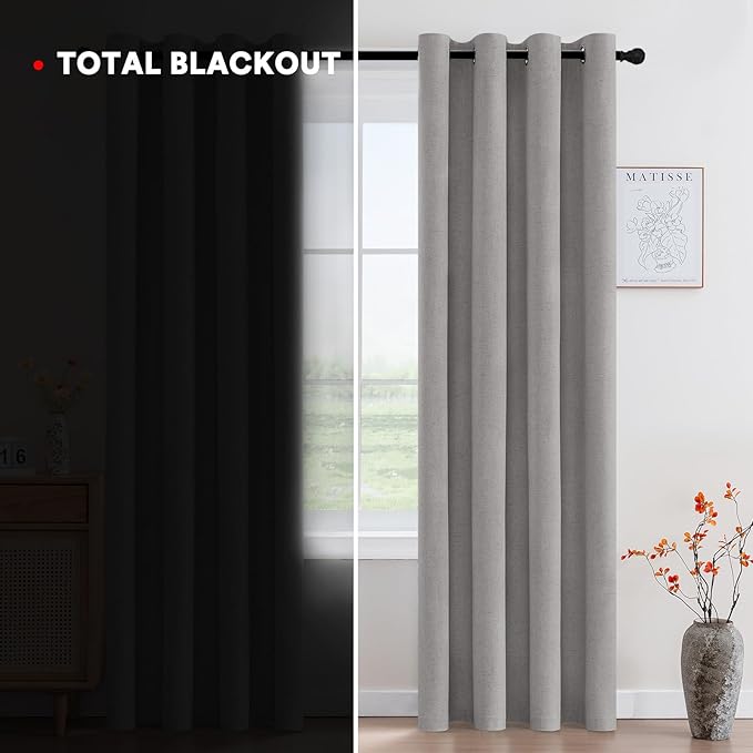 PrinceDeco Nature Linen Curtains 100% Back Out Curtains for Living Room/Bedroom 54 Inch Length Burlap Fabric Thermal Insulated & Light Blocking Nickel Grommet Window Drapes Set of 2,Heathered Dove