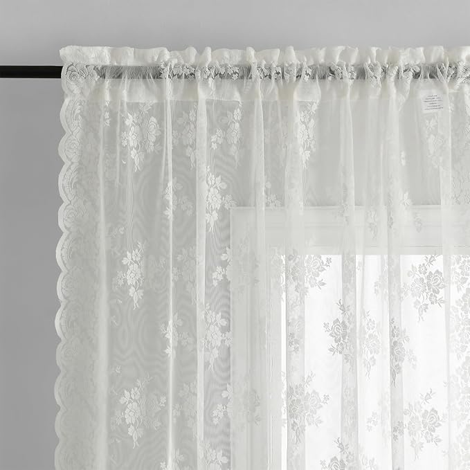 Kotile Farmhouse Lace Kitchen Curtains 45 Inch Length, Country Rustic Floral Ivory Lace Curtains for Small Window, Rod Pocket Privacy Sheer Lace Curtains, 42 x 45 Inch Each, 2 Panels, Ivory