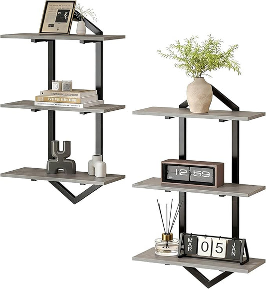 3 Tier Floating Shelves, Set of 2 Wall Shelves for Living Room, Modern Geometric Wooden Shelf for Wall Decor, Hanging Storage Shelf for Bedroom Bathroom Kitchen Home Office (Greige + Black)