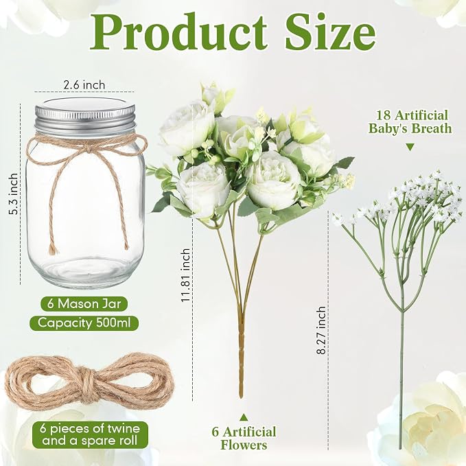 Zeyune 6 Sets Mason Jar Centerpiece Table Decorations, Artificial Peony Baby's Breath Flower Bouquets, Faux Flowers with Vase, Rustic Decor Gifts for Home, Wedding, Holiday (Green)