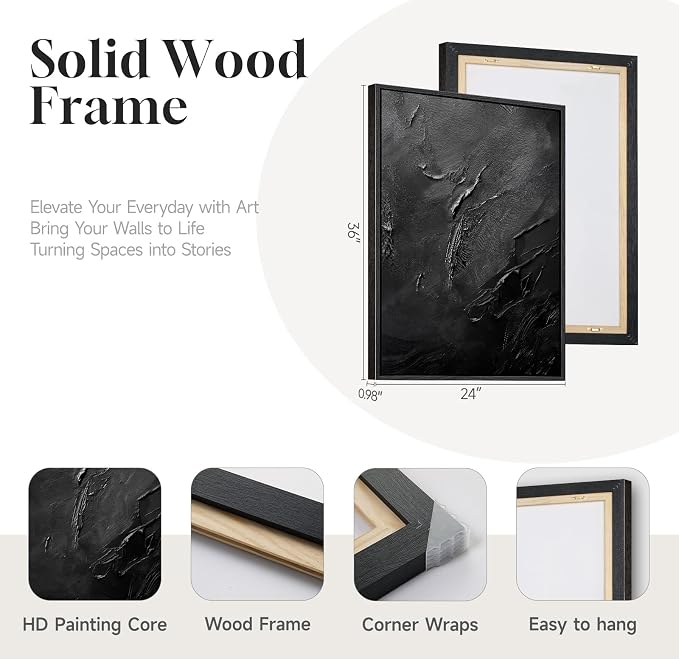 Large Framed Black Abstract Wall Art Set of 2 for Living Room, Modern Minimalist Painting Print Canvas Artwork for Walls, Contemporary Luxury Trendy Wall Decor for Bedroom Office Hallway, 24x36 Inch