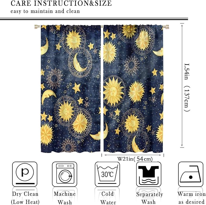 Boho Sun Moon Blackout Window Curtains, Bohemian Golden Sun Moon Stars Print Rod Pocket Window Drapes, for Living Room Bedroom 42x54in 2 Panels