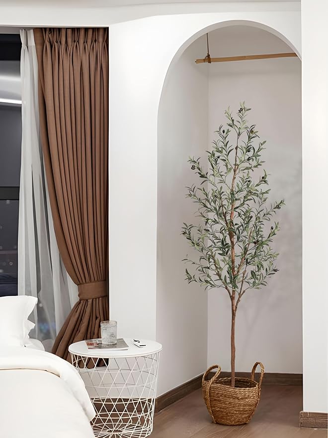 Aveyas 7ft Artificial Olive Tree for Home Decor, 7 Feet Large Faux Plant Fake Skinny Silk Trees with Black Olivo for Indoor Outdoor House Living Room Office (7 ft Tall)