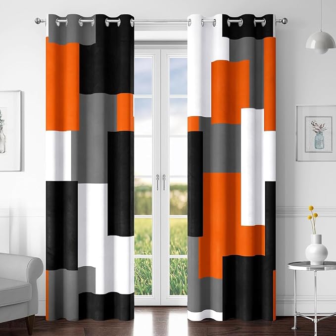 Tyrot Orange 100% Blackout Curtains for Bedroom 108 inch Extra Long 2 Panels Set Black White Grey Modern Abstract Geometric Black Out Curtains Room Darkening Window Drapes for Living Room, 52Wx108L