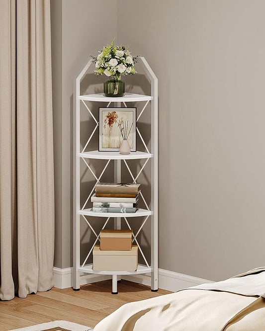CHOEZON 4-Tier Corner Shelf, Industrial Corner Bookshelf, 47.6" Corner Storage Stand, Plant Stand Display Shelf, Corner Bookcase for Bedroom, Living Room, Home Office, White TCJ09WB