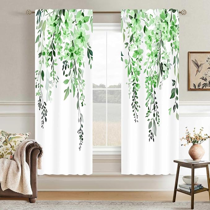 Green Watercolor Floral Curtains, Botanical Leaves Vine Flowers Curtain, Rustic Farmhouse Flower Leaf Blackout Window Treatment Drapes for Bedroom Living Room 52x72 inch, 2 Panels