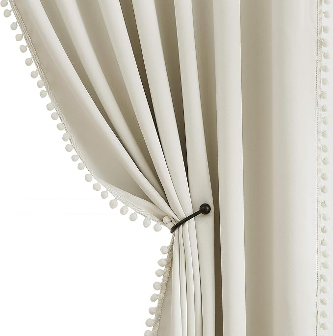 Treatmentex Pompom Window Curtain Panels Natural 45" Long Small Window Curtain Ivory Curtain Drapes for Basement Laundry Room Darkening Curtains 2Panels