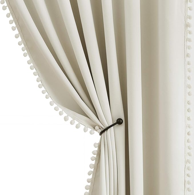 Treatmentex Pompom Window Curtains for Living Room Bedroom 95 inch Triple Weave Half Blackout Window Curtains for Hotel Guest Room Drapes 52" w x2 Panels Rod Pocket