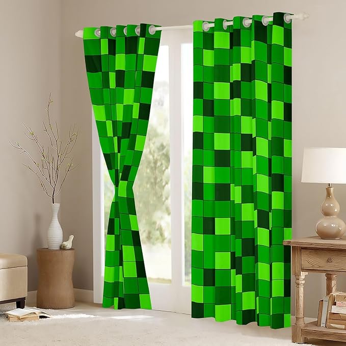 Castle Fairy Neon Green Block Window Curtain | Pixelated Grid Patchwork Blackout Window Treatment for Women Bedroom Decor,Miners Video Games Curtains Modern Living Room Top 2 Panels,52Wx90L