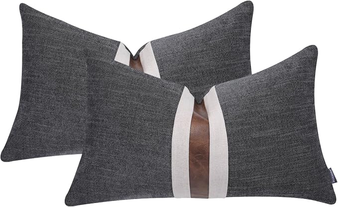 Set of 2 Leather Throw Pillow Covers Lumbar Cotton Linen Decor Patchwork Pillow Cover Faux Leather Pillows Cover for Couch Sofa Living Room Bedroom,Black 12"x20"