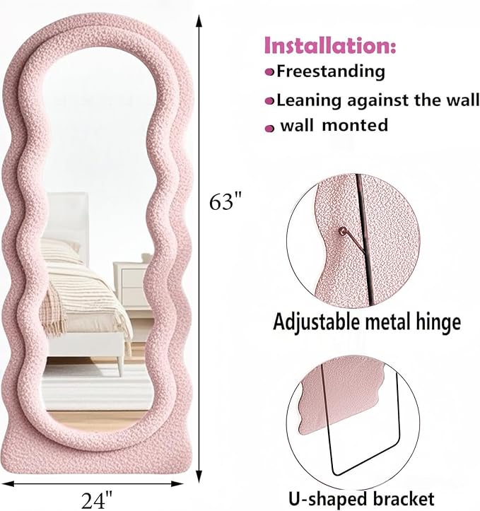 Dewfig Full Length Mirror, 63" x 24" Irregular Wavy Mirror, Large Floor Length Mirrors Wall Mounted, Standing Wavy Mirrors with Teddy Velvet Wrapped Wooden Frame for Bedroom/Living Room, Pink