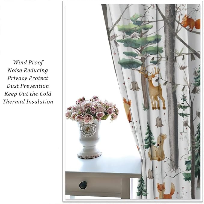 YCness Kid Forest Woodland Animal Fox Elk Bear Watercolor Print Curtains for Nursery Bedroom Living Room, Rustic Wild Animal Window Drapes 2 Panel Set, 52x84 Inch