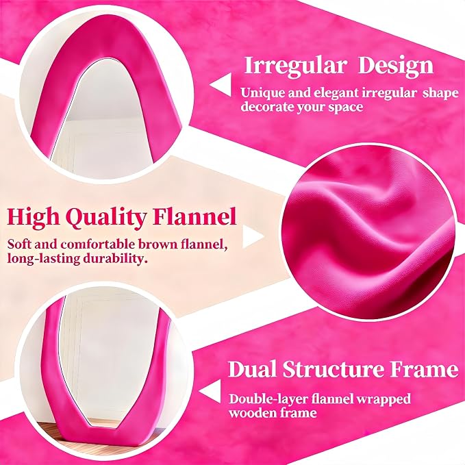 Dewfig Full Length Mirror, 63" x 24"Irregular Mirror, Large Floor Length Mirrors Wall Mounted, Standing Mirrors with Flannel Wrapped Wooden Frame for Bedroom/Living Room, Hot Pink