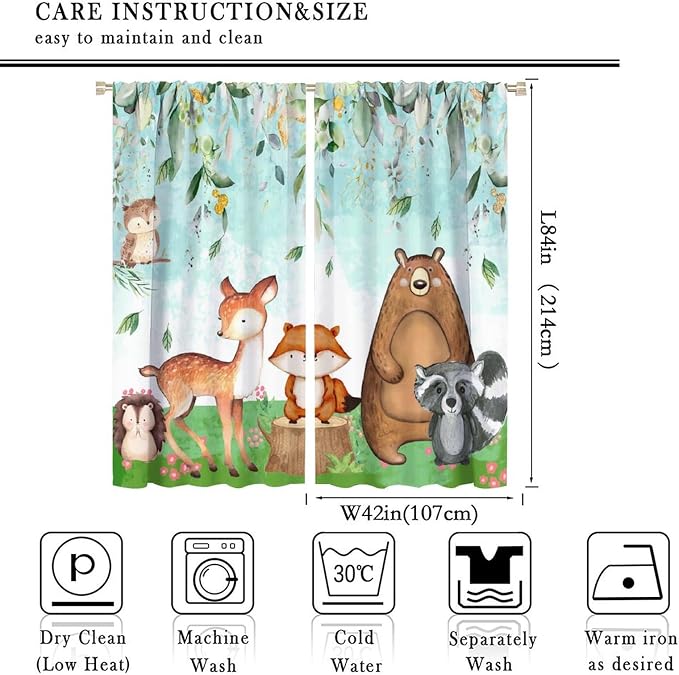 YCness Kid Forest Woodland Animal Fox Elk Bear Watercolor Print Curtains for Nursery Bedroom Living Room, Rustic Safari Wild Animal Blackout Window Drapes 2 Panel Set, 84x84 Inch