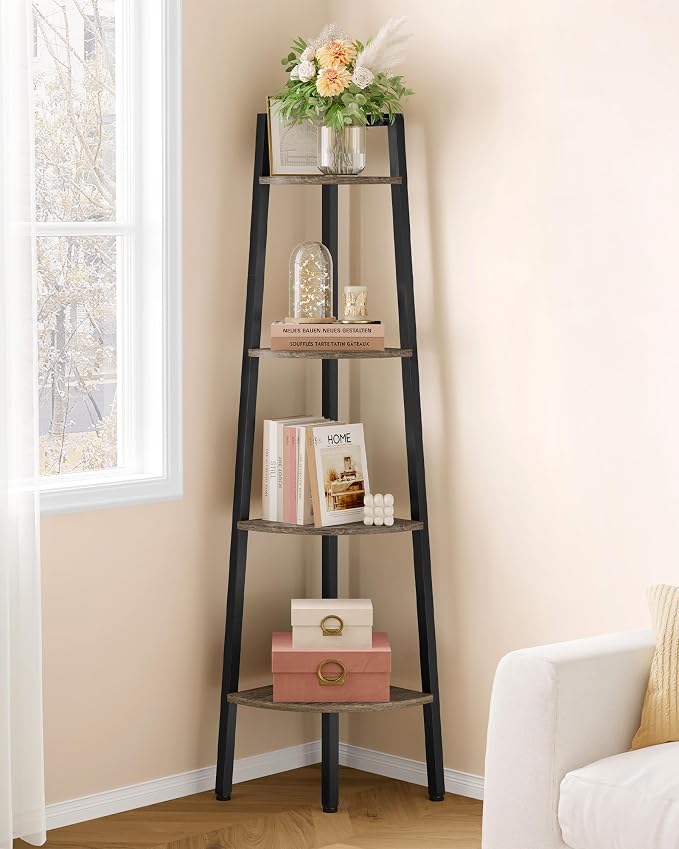Hoctieon Corner Shelf, 4-Tier Corner Bookshelf, Rustic Ladder Shelf, Industrial Display Stand for Living Room, Kitchen, Home Office, Balcony, Small Space, Metal Frame, Grey
