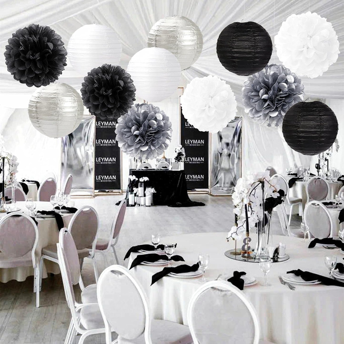 Black White Silver Party-Decorations Paper Flowers Lanterns - 15PCS Birthday Halloween Wedding Tissue Pom Poms Streamers, Halloween Prom Baby Shower Bachelorette Hanging Supplies Decor Hugfond