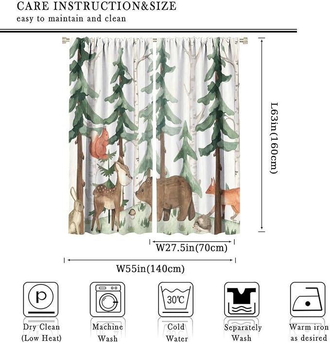 Forest Nursery Curtains - Woodland Bear & Wildlife Theme, Blackout 55x63 Inch 2 Panels