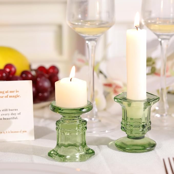 Lanttu 12 Pcs Green Candlestick Holders Bulk Glass Candle Holders Set | Crystal Taper Candle Holder for Wedding, Table Centerpiece, Home Decoration