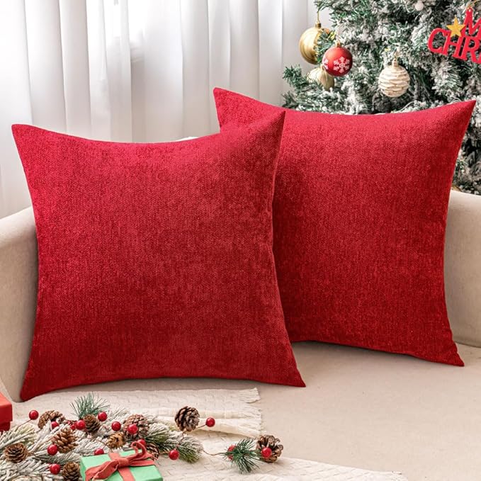 MIULEE Pack of 2 Red Decorative Pillow Covers 20x20 Inch | Soft Chenille Couch Throw Pillows Farmhouse Cushion Covers for Home Decor Sofa Bedroom Living Room