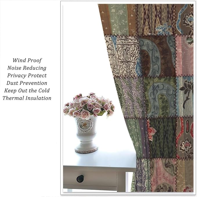 Boho Floral Patchwork Blackout Curtains Pieced Patchwork Plaid Design Farmhouse Green Green Print Window Drapes for Bedroom Living Room Kitchen Cafe （W21xL63 Inch） x2 Panels